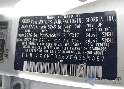 2015 Kia Sorento Lx z USA, uszkodzony, nr VIN 5XYKTDA6XFG555387